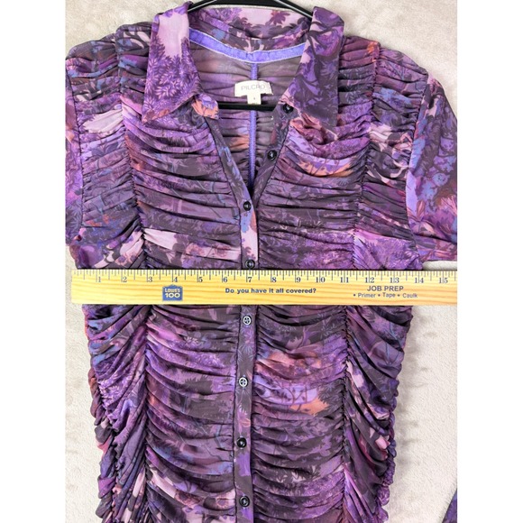 Pilcro Anthropologie Ruched Mesh Floral Print Button Down Top Purple Size Small - Picture 8 of 12